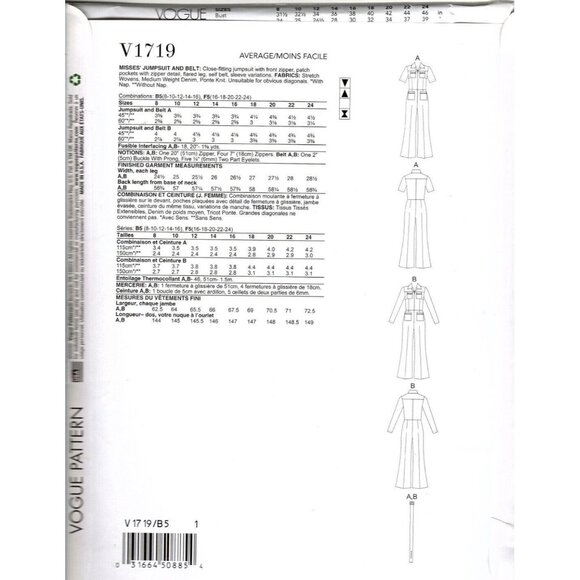 Vogue V1719 Misses 8 to 16 Retro 70s Belted Jumpsuit Uncut Sewing Pattern - Picture 2 of 2